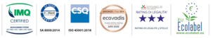 IMQ ISO 9001 ISO 14001 ISO 45001, SA800:2014, ISO45001:2018, ECOVADIS, RATING LEGALIT 3 STELLE, ECOLABEL