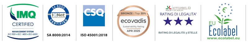 IMQ ISO 9001 ISO 14001 ISO 45001, SA800:2014, ISO45001:2018, ECOVADIS, RATING LEGALIT 3 STELLE, ECOLABEL